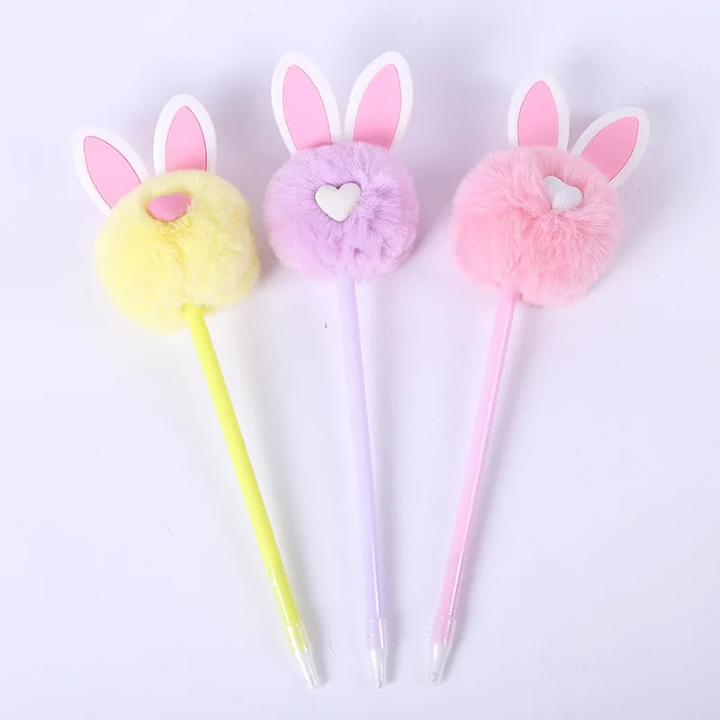 Cute Fluffy Bunny Ballpoint Pen Kawaii Colorful Plush Easter Pom Pom Ball Pen School Supplies Black Ink Plastic Ball Pen