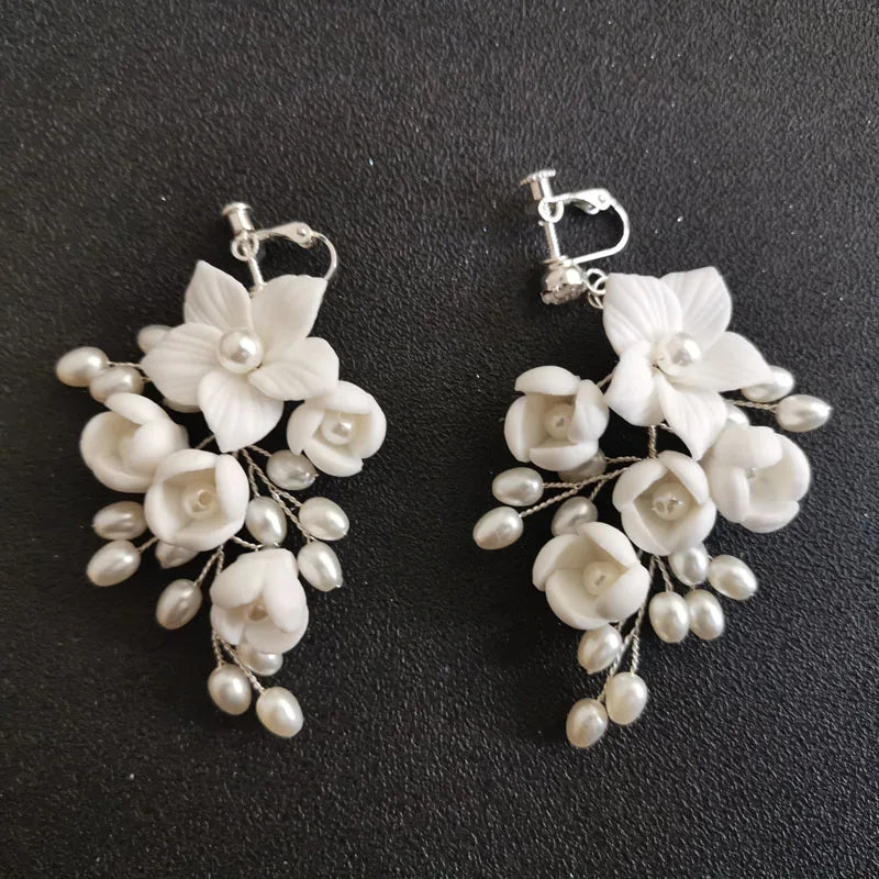 SLBRIDAL Handmade Rhinestones Crystals Pearl Ceram Flower Bridal Dangle Earring Wedding Chandelier Earring Fashion Women Jewelry