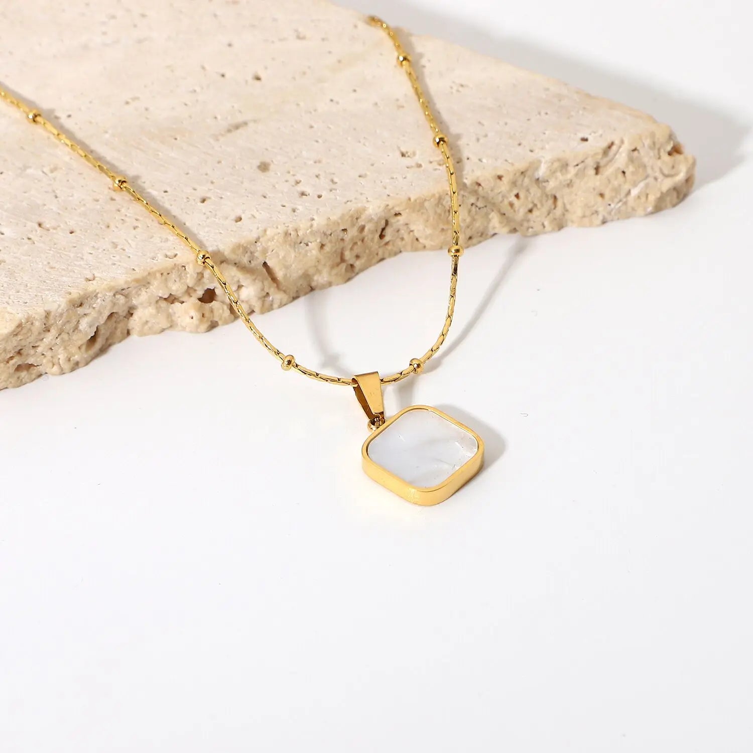 Dainty 18K Gold Plated Stainless Steel Women's Necklace Trendy Female Fashion Square Shell Pendant Thin Beads Chains Geometric