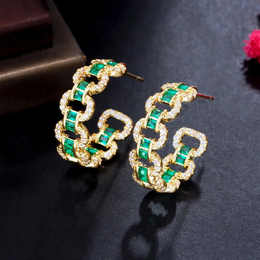 Cuban Link Design Green Cubic Zirconia Stone Round Hoop Earrings Brazilian 18K Gold Plated Fashion Ladies Jewelry Accessories