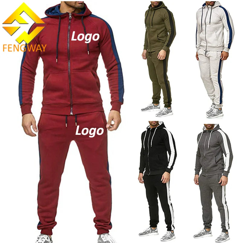Fengway Custom Logo Men's Casual Gym Sports Jogger Suit 2-Piece Zipper Hoodie with Side Striped Sweatsuit for Autumn