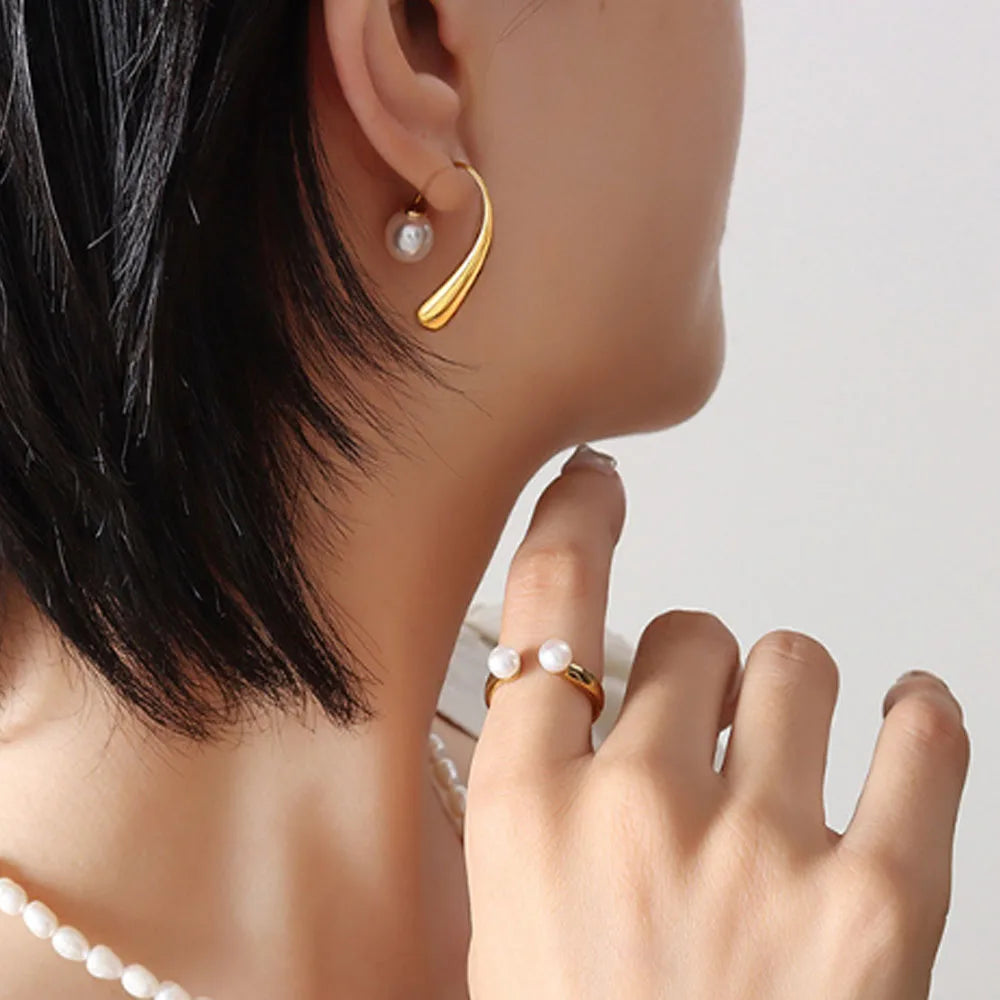 Waterproof Tarnish Free Titanium Stainless Steel 18k Gold Plated Imitation Pearl Teardrop Drop Earrings Jewelry for Women