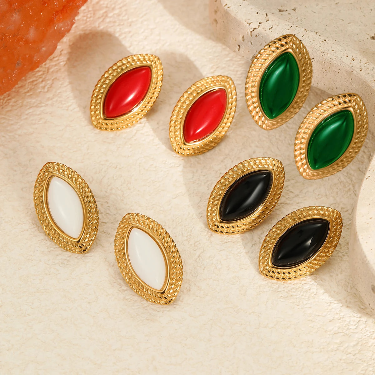 Vintage Natural Stone Chunky Oval Eye Stainless Steel Black Red Agate Stone Stud Earring  Ring Jewelry Set  for Women