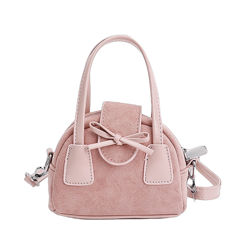 Mini Suede Bow Decor Handheld Crossbody Bag - Soft Pink Casual Small Purse for Women / Children