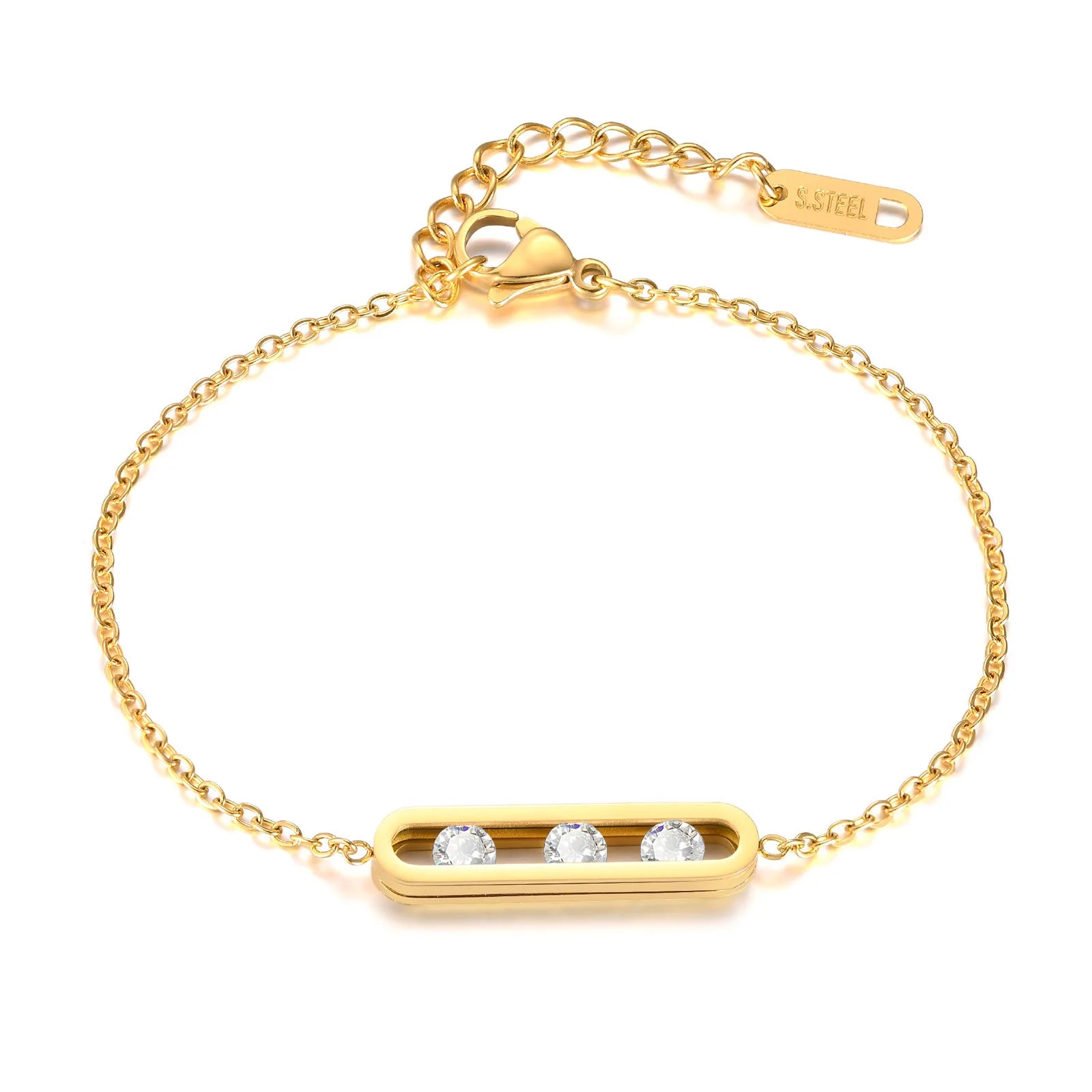 Trendy Gold Plated Geometric Three Zircons Bracelet Stainless Steel Jewelry for Women Accessories