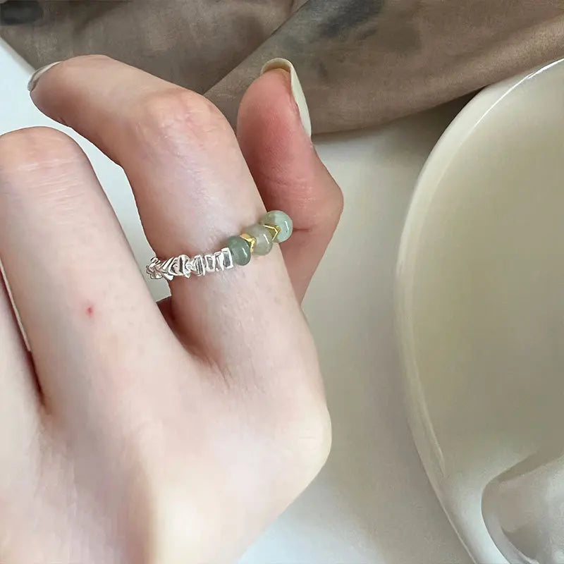 2026 New Design Adjustable Silver Color Beaded Green Aventurine Jade Jewelry Wedding Ring