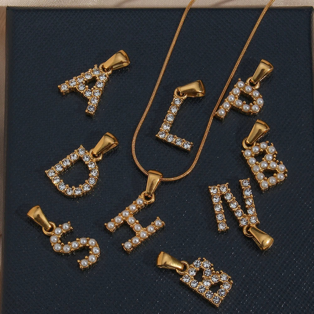Dreamshow Zircon & Imitation Pearl Initial Letter Charms Stainless Steel Jewelry Gold Plated Earring Charm for Jewelry Making