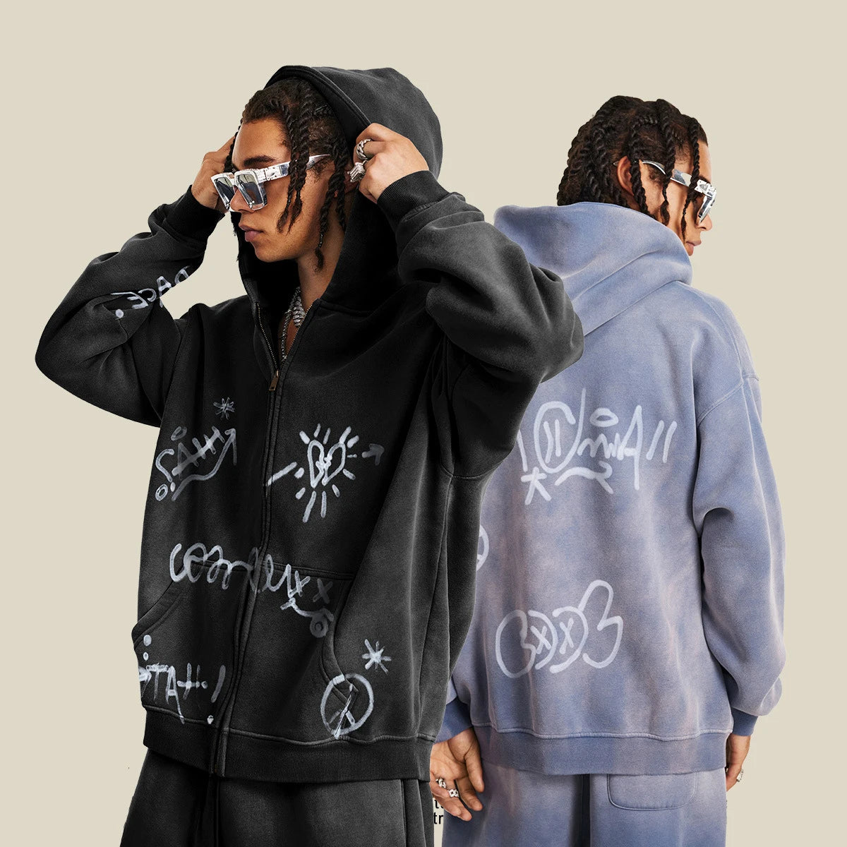 332 Grams Men'S Streetwear Oversize Vintage Pullover Zip-Up Solid Winter Digital Waterproof Breathable Eco-Friendly Hoodie MegaBDM
