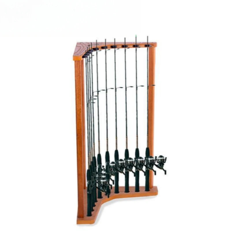High Quality 16 Hole Wooden Fishing Rod Shelves Holder Corner Storage Rack Fishing Rod Rack Display Stand