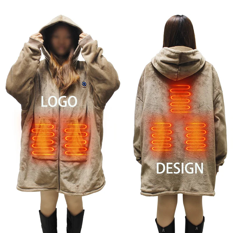 Custom Design Printed USB Heated Winter Warm Hoodie Blanket Wearable Oversized Sweatshirt