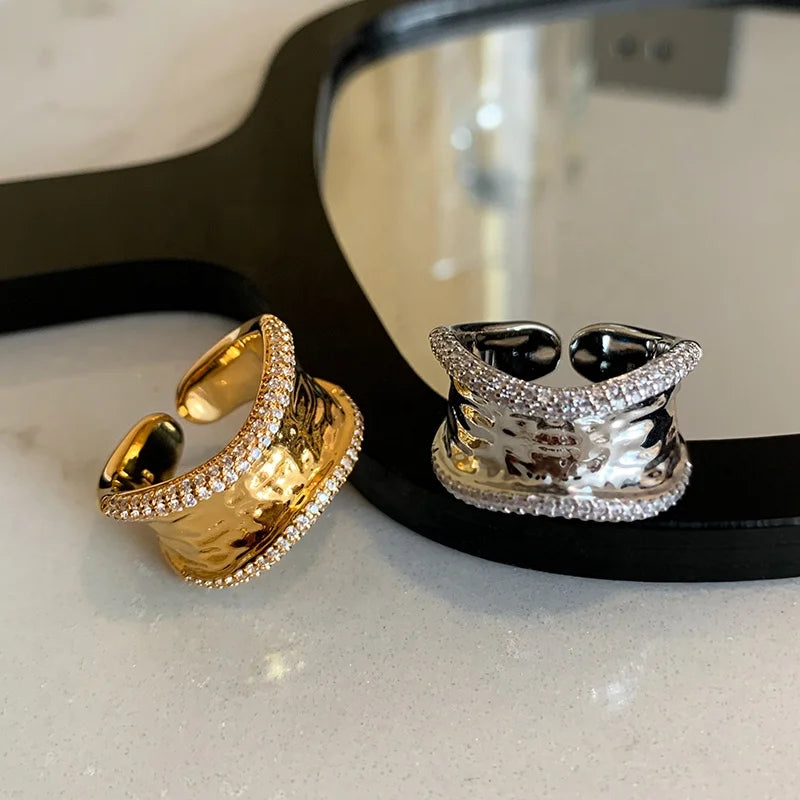 Fashion Personality Brass Gold Plated Irregular Diamond Wide Opening Adjustable Rings for Women