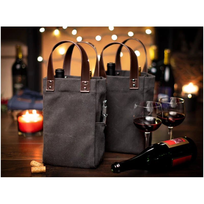 Portable Bottle Wine Bag Canvas Twin Wine Caddy Bag Leather Handle Wine Carrier Champagne Beer Gift Bags