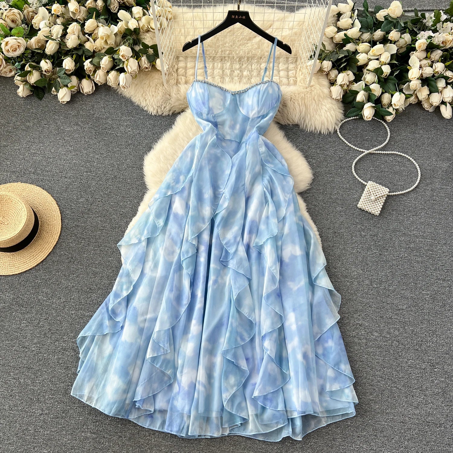 Halter Dress Heavy LW1247 Beaded Strapless Ruffle Hem A-Line Dress Women'S Elegant Sleeveless Gown Waist Mesh Dress