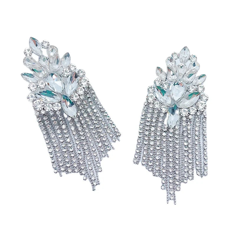 2023 New Arrived Colored Floral Dangle Earrings Statement Rhinestone Flower Tassel Earrings for Party Wedding