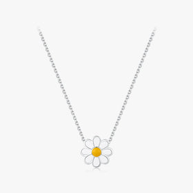 925 Sterling Silver Link Chain Charm Neck White Enamel Daisy Flower Pendant Necklace for Women