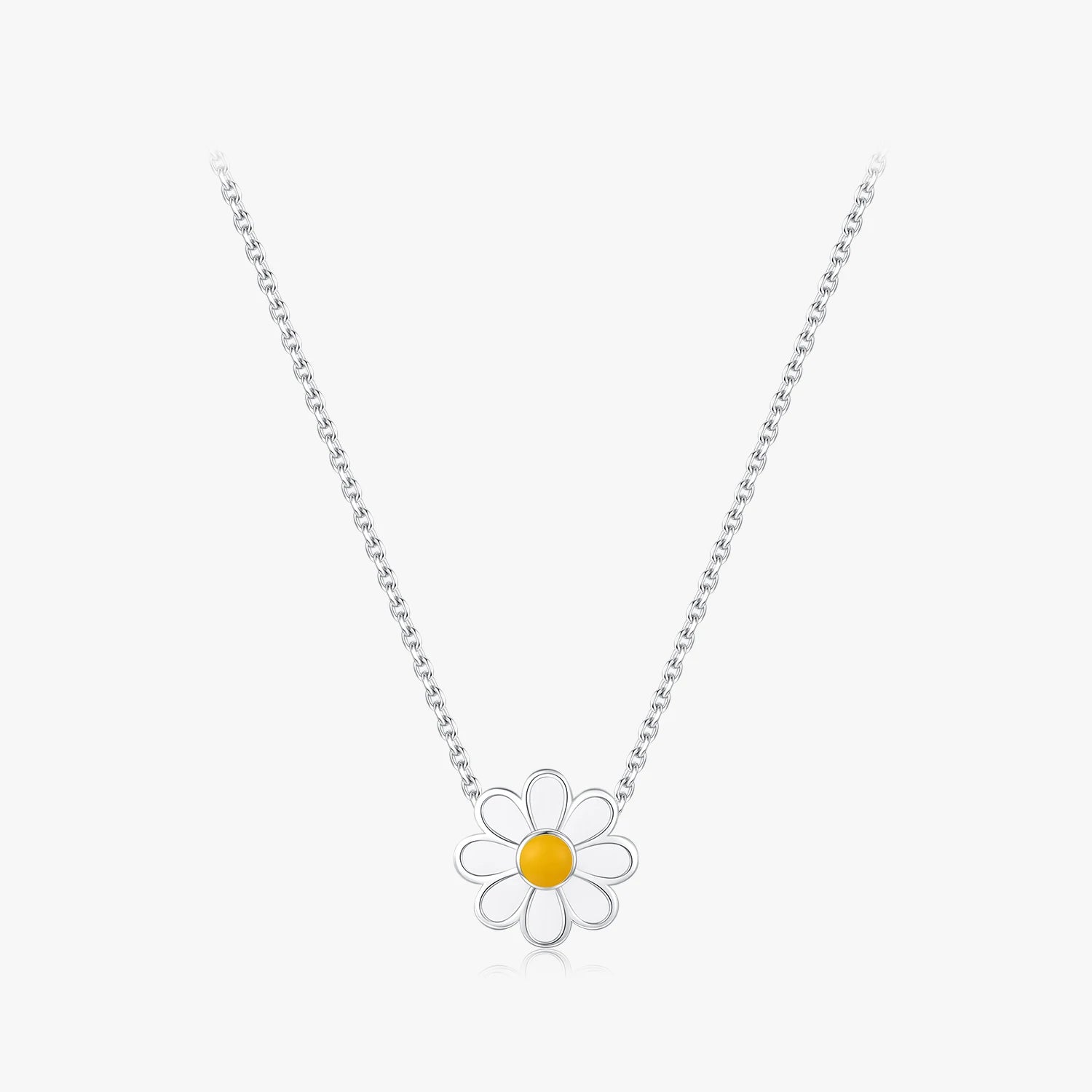 925 Sterling Silver Link Chain Charm Neck White Enamel Daisy Flower Pendant Necklace for Women