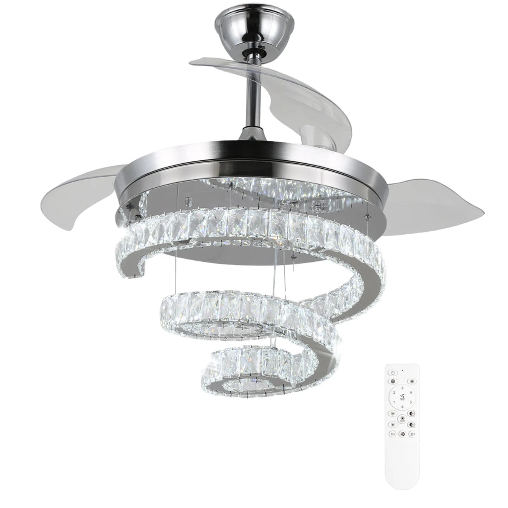 42" Dimmable Modern K9 Crystal Ceiling Fan Invisible Chandelier Chrome&Gold Crystal Ceiling Fan with Memory Function