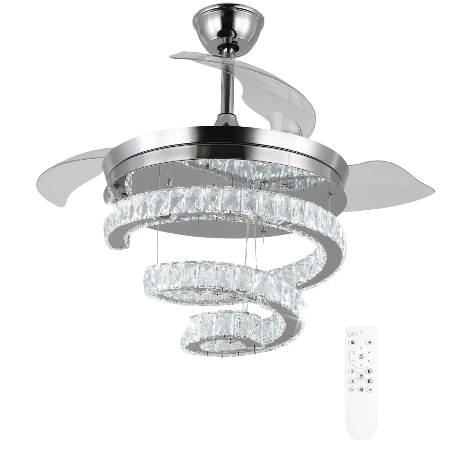 42" Dimmable Modern K9 Crystal Ceiling Fan Invisible Chandelier Chrome&Gold Crystal Ceiling Fan with Memory Function