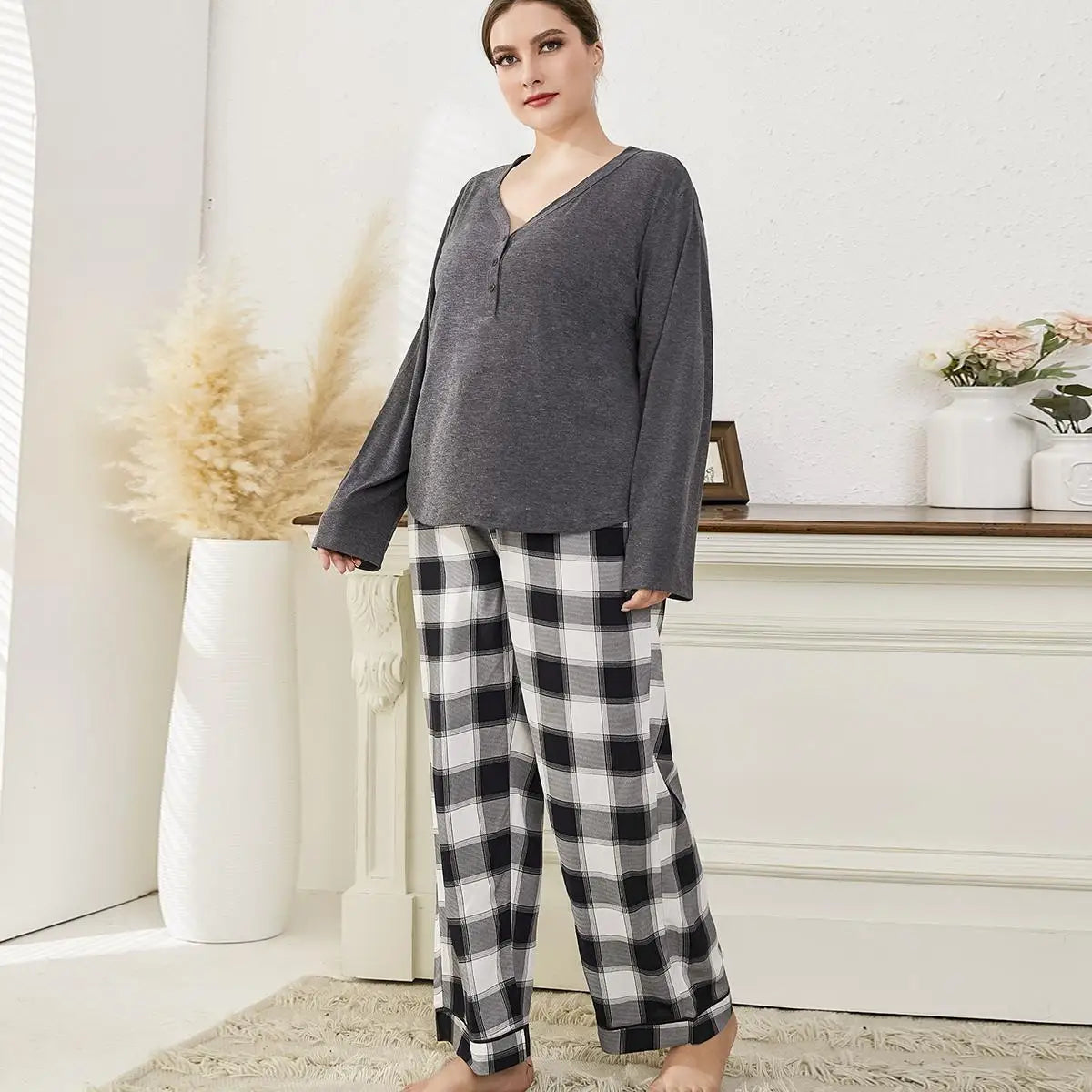 5XL Plus Size Women's Pajama Set Plaid Sleeveless Elastic Waist Knitted Summer 3pcs