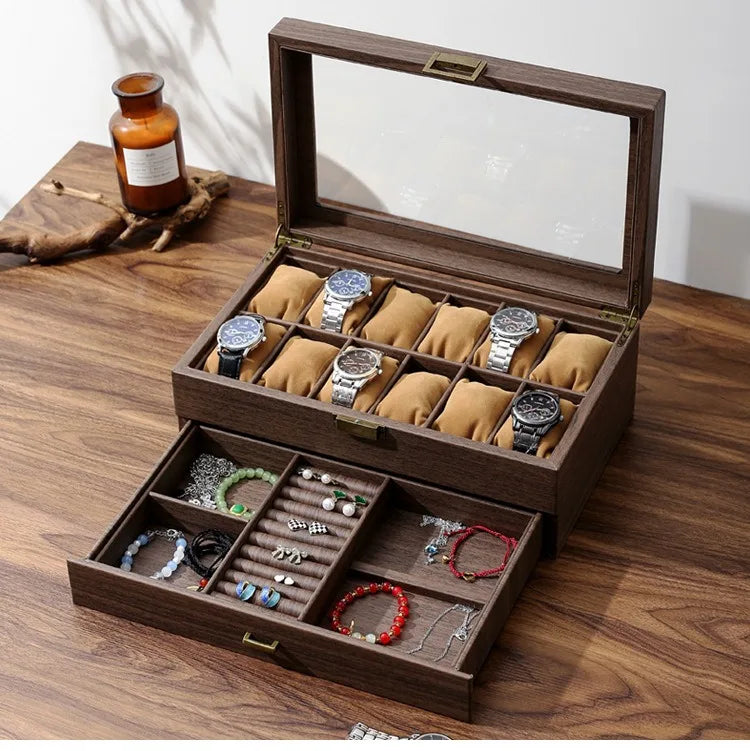 Large MDF Leather Glass Lid 12 Watch Jewelry Bangle Storage Box Case Organizer with Drawer for Organizing Your Valuable Items
