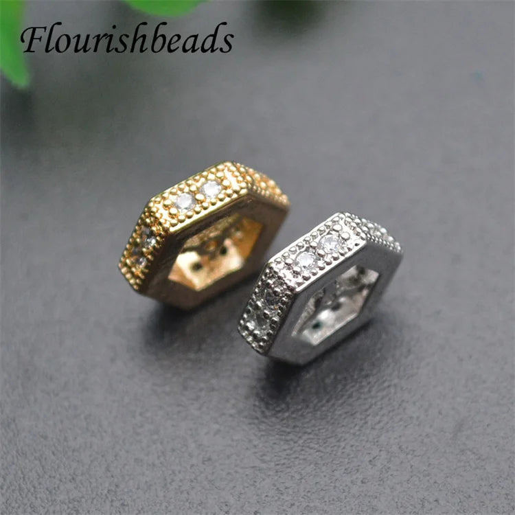 Bracelet Accessories Nickel Free Gold Silver Plated CZ Pave Geometric Hexagon Spacer Beads for Jewelry Making