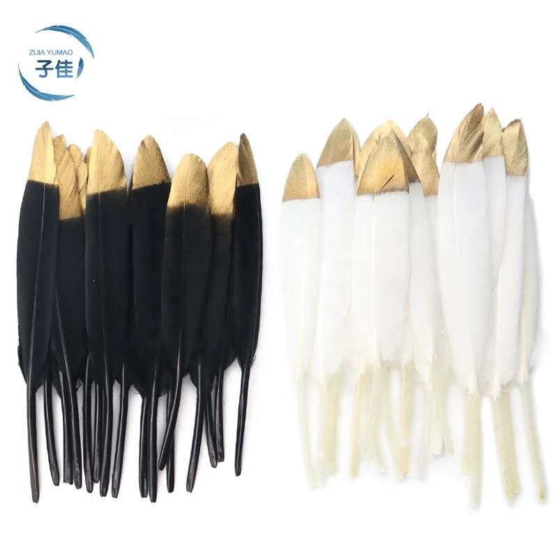 Wholesale DIY 10-15cm Black & Gold Tipped Goose & Duck Feathers Dyed Pattern for Crafts & Gifts Package