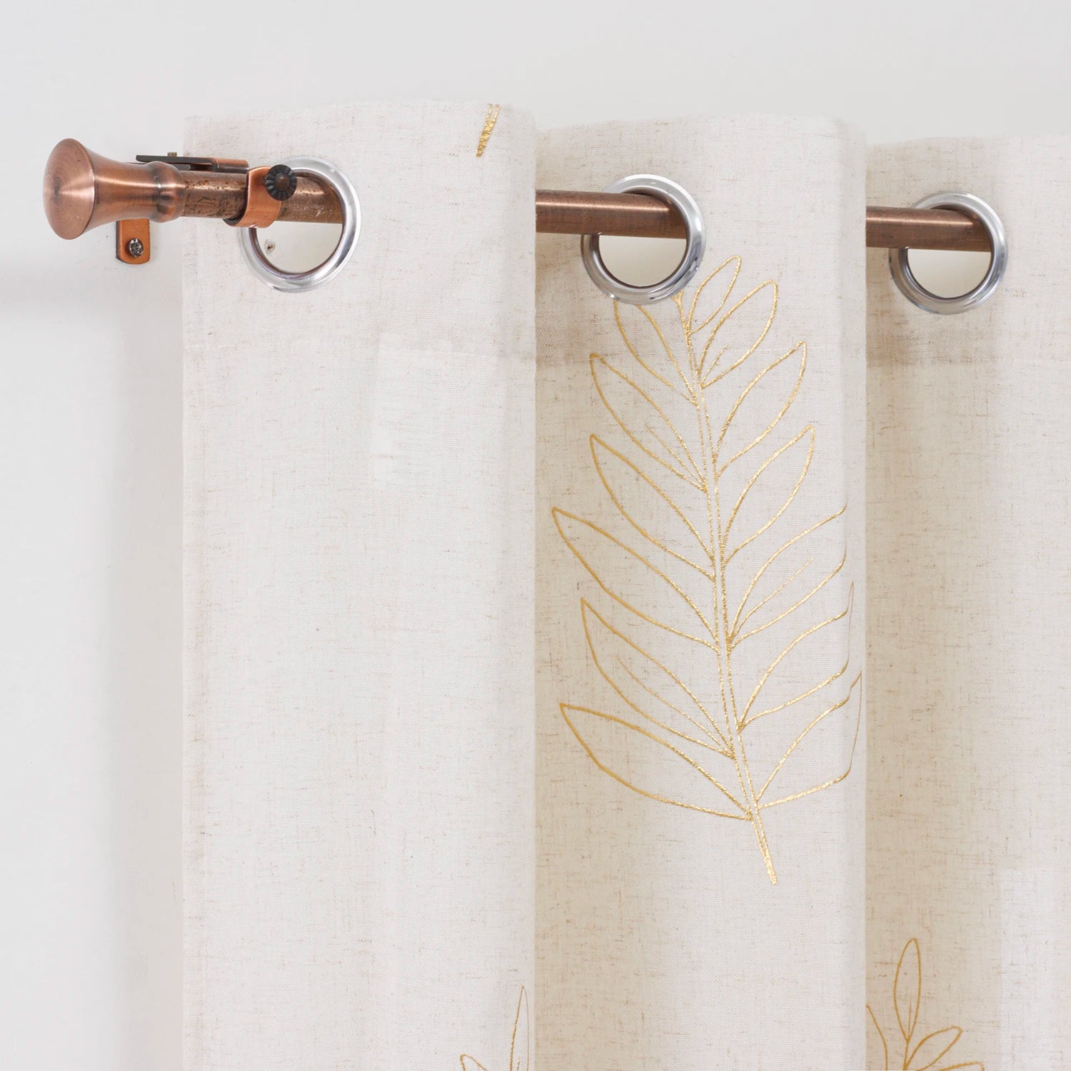 Wholesale Semi-Sheer Tulle Curtains Drapes Faux Linen with Golden Leaves Pattern Foil Printing for Living Room & Bedroom Window
