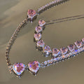 INS Korean Luxury Sweet Pink Heart Zircon Pendant Necklace Set Tennis Chain Choker Women Bridal Wedding Jewelry Set