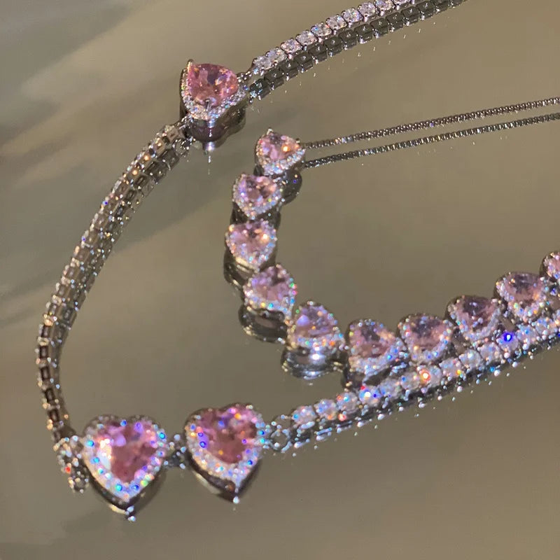 INS Korean Luxury Sweet Pink Heart Zircon Pendant Necklace Set Tennis Chain Choker Women Bridal Wedding Jewelry Set