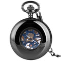 Black Half Hunter Steampunk Skeleton Ancient Pocket Watch Mechanical With Fob Chain for Men Gift