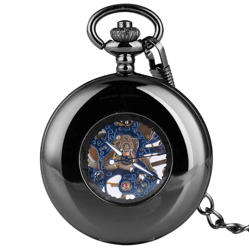 Black Half Hunter Steampunk Skeleton Ancient Pocket Watch Mechanical With Fob Chain for Men Gift