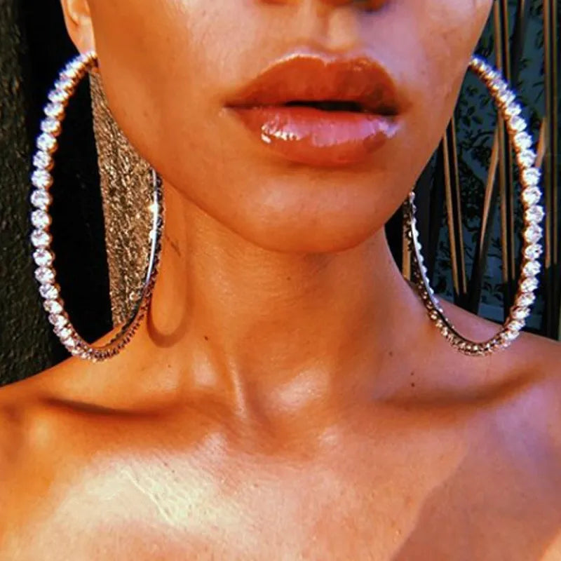 European Hips Hop Exaggerated 40 to 100MM 18K Gold Plated Full Crystal Hoop Earrings Shiny Rhinestone Large Hoop Earrings
