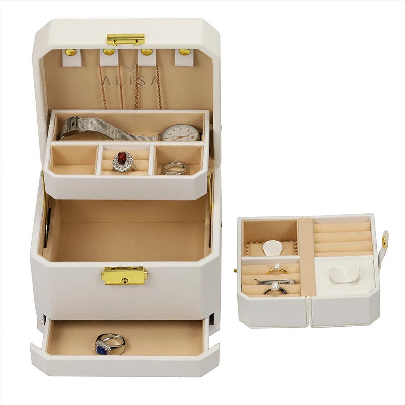 Luxury Leather 3-Layer Travel Jewelry Box Rectangle Luxury Organizer Case with Lock for Ring Earring Necklace Gift Box