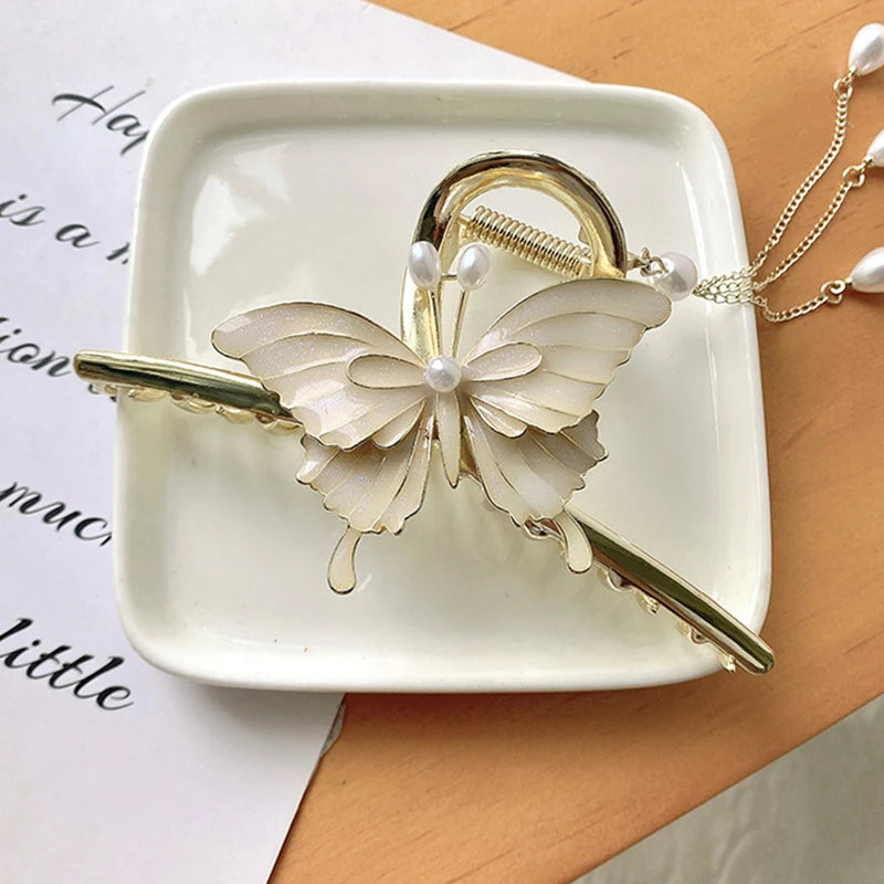Metal Pearl Tassels Butterfly Hair Clip 11.5cm Alloy Bow Shark Hair Claws Large Go Out Hair Clip Claw for Women