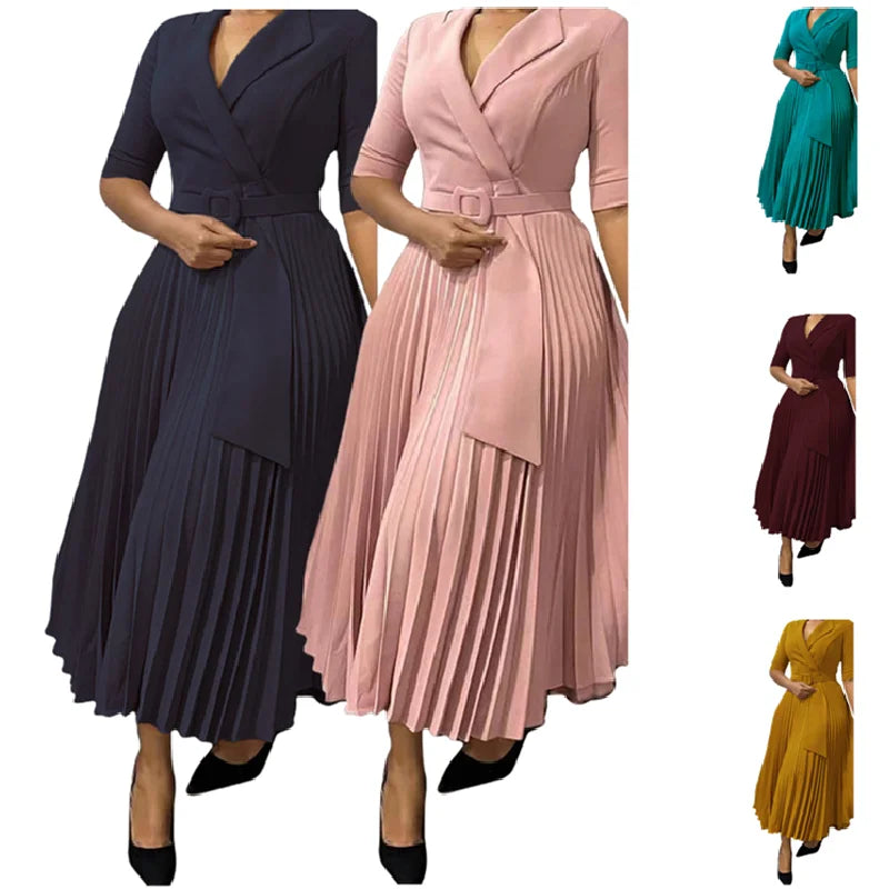 D3291 Trendy Autumn Office Lady Dresses Women Casual Elegant Suit Collar Half Sleeve Pleated African Career Dresses for Women
