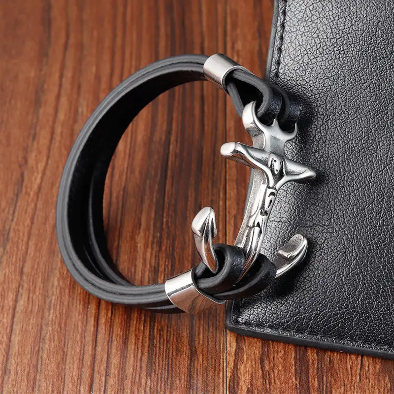 Fashion Stainless Steel Genuine Leather Bracelet for Mens Classic Jesus Cross Jewelry Gift for Husband Father Boyfriend OT-193