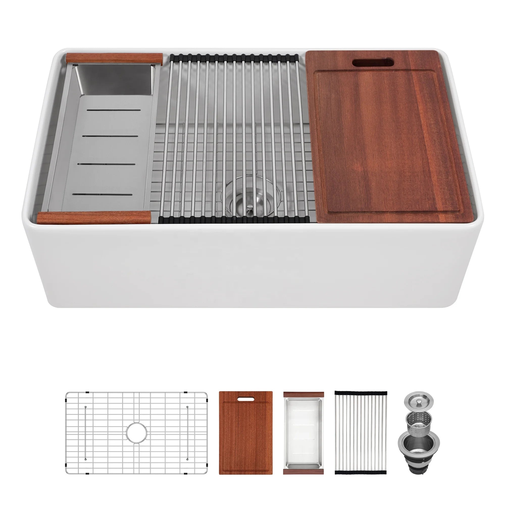 Free Shipping Sarlai 33 Single Bowl- White Kitchen Sink Ledge Workstation Apron Front Ceramic Porcelain White Farmhouse Sink
