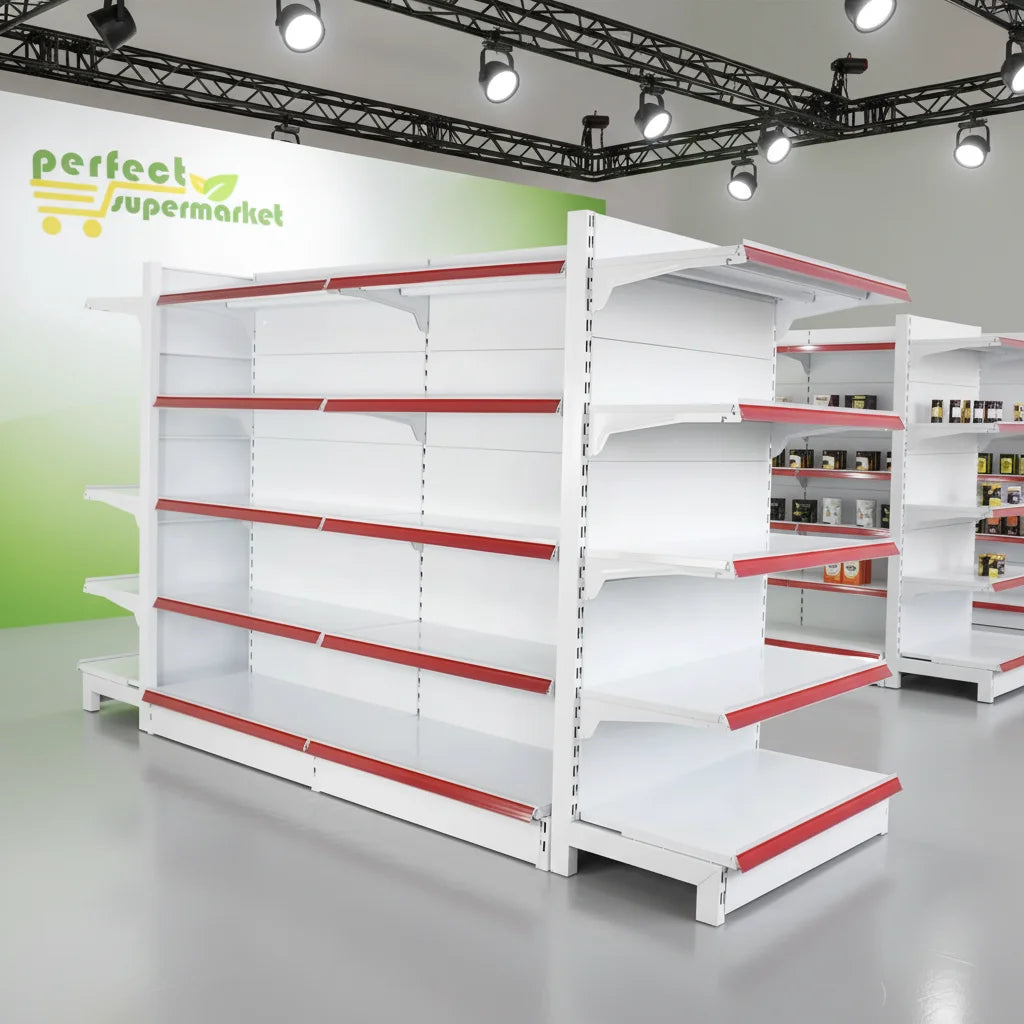 Heavy-Duty Metallic Double-Sided Gondola Supermarket Display Rack Solid Shelf Retail Store Shelves