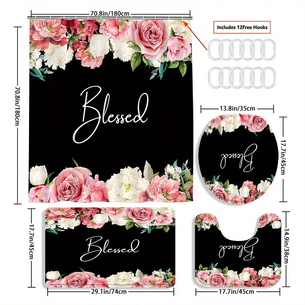 Modern Home Decoration 4pcs Artistic Text Rose Curtain Beautiful Housewarming Gift Shower Curtains