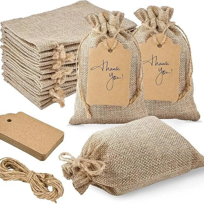 Custom Logo Linna 4X6 Inch Premium Burlap Gift Bags With Drawstring Linen Sack Including 12 Tags and Ropes Christmas Burlap Bag MegaBDM