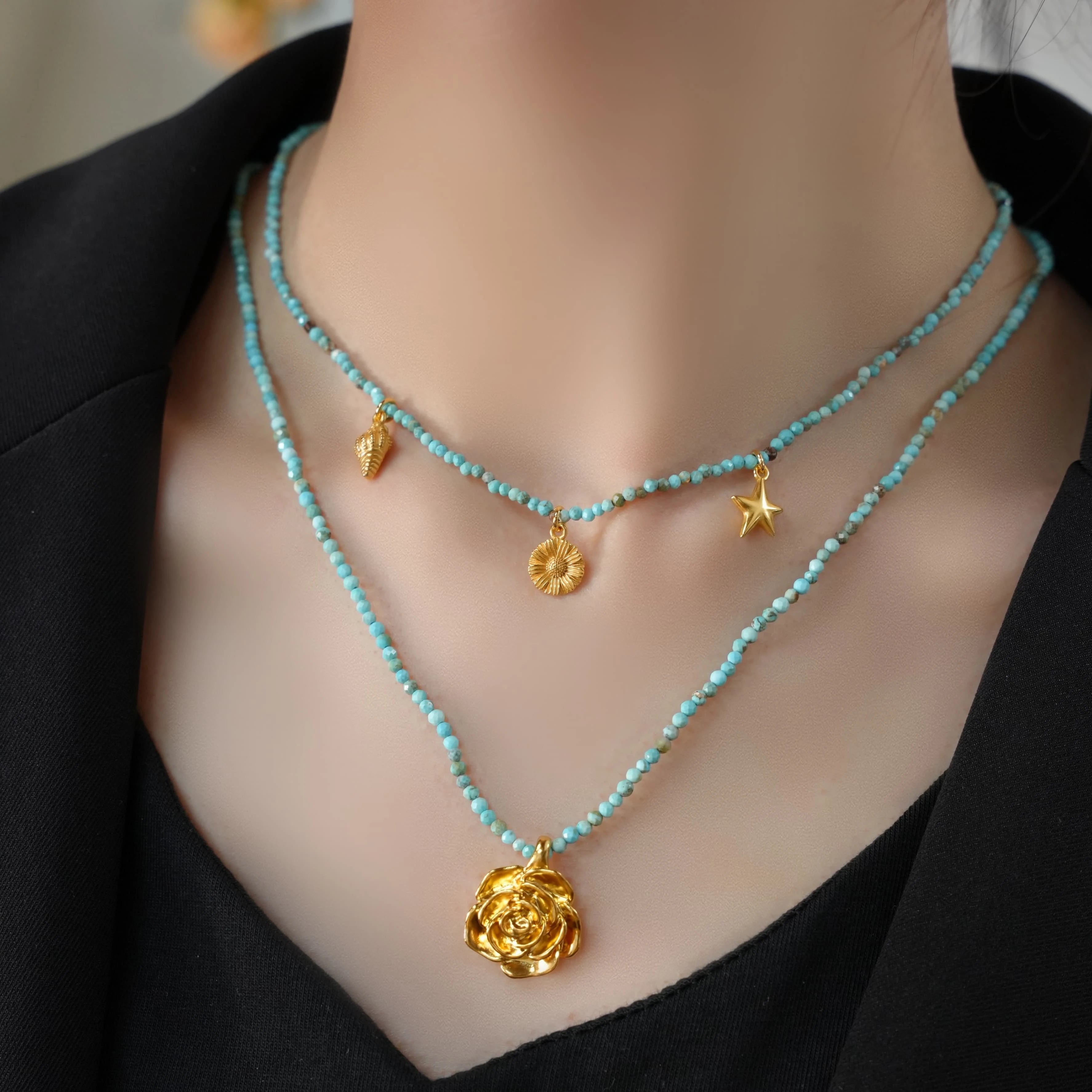 Light Luxury Real Gold Plated Brass Rose Flower Pendant with Blue Beads Necklace for Women Fashion Jewelry Set