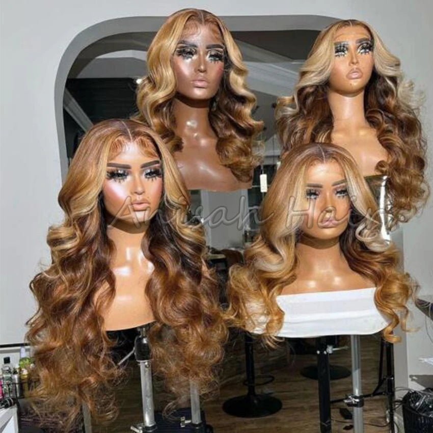 Honey Blonde Ombre Lace Front Human Hair Wig 360 HD Transparent Lace Frontal Wig Highlighted Full Lace Wig for Black Women