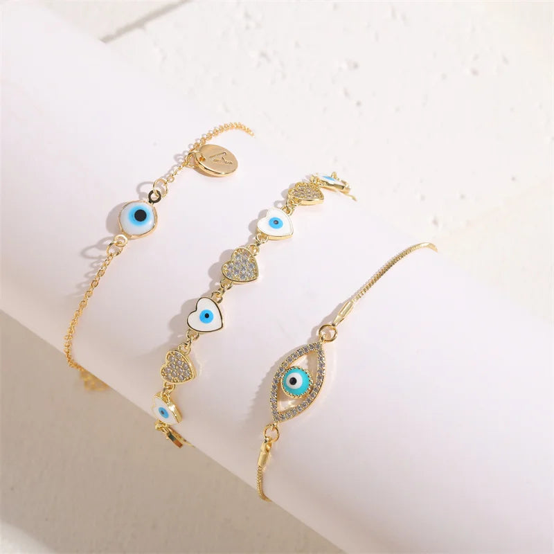 Fashion Evils Eyes Bracelet Jewelry Mirco Zircon Enamel Blue Eye Devil Eye Amulet Letter Heart Charm Bracelet Gift