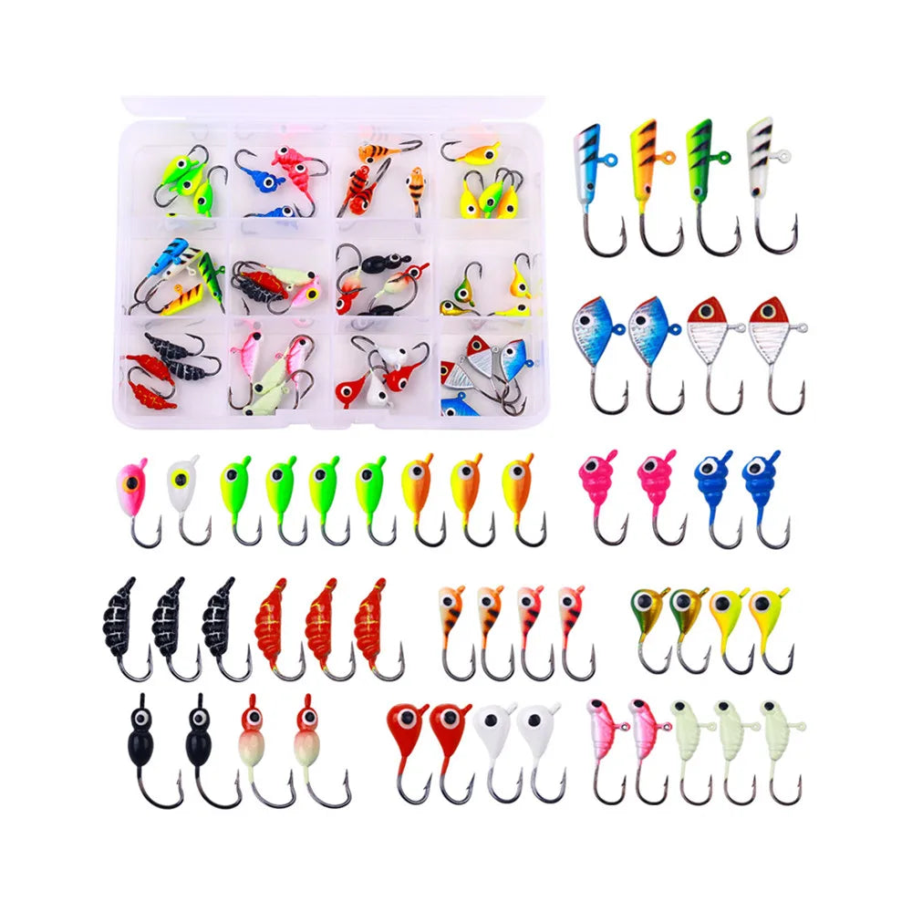New 48pcs/set Winter Fishing Jig Lure Ice Jigs Head Set with Tackle Box