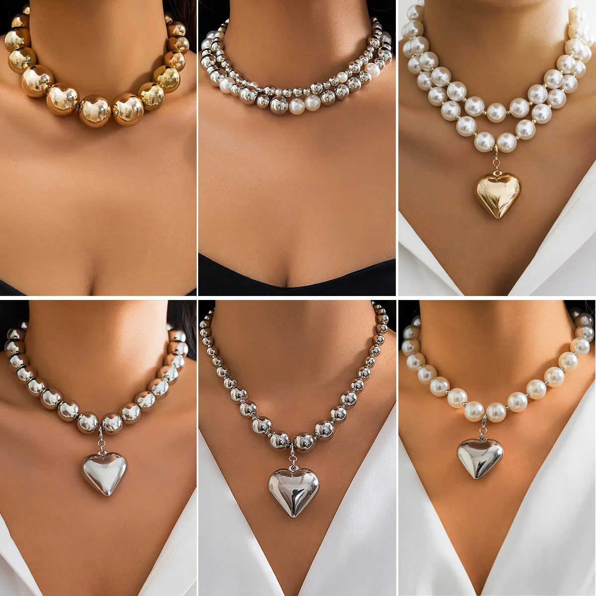 2024 Exaggerated Trendy Heart Necklace Multi Layered Beaded Pearl Necklace for Women