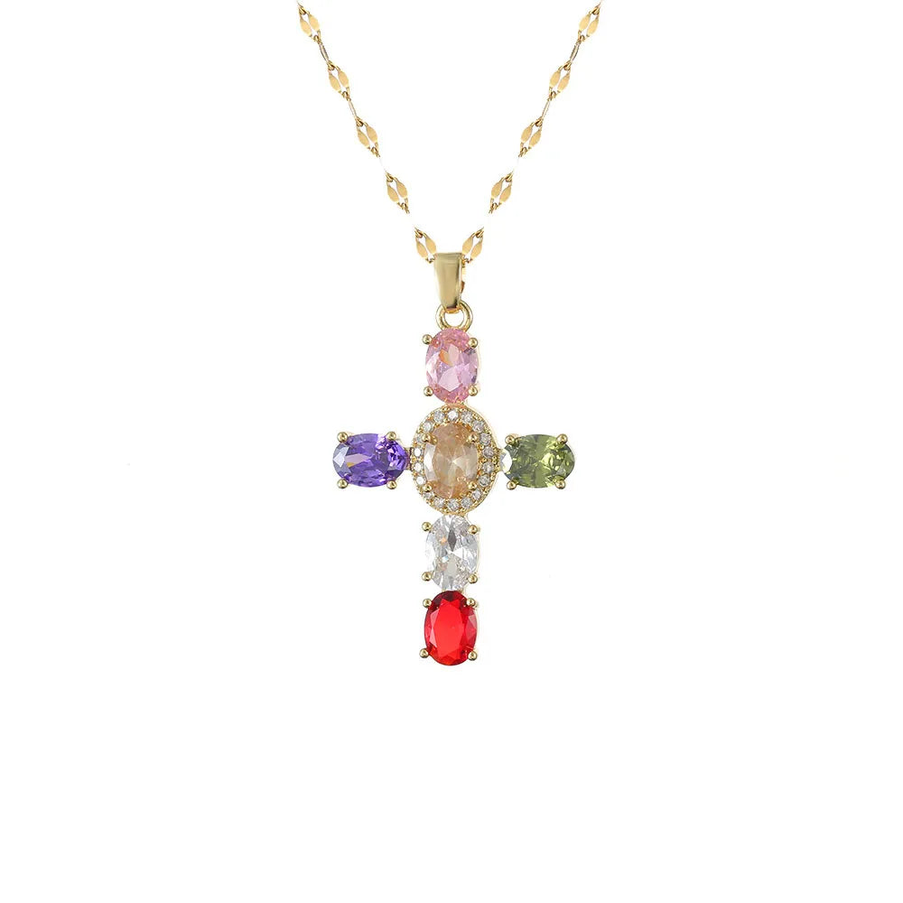 INS Vintage Titanium Stainless Steel Cross Necklace Gold Plated Religion Oval Zircon Crystal Cross Charm Women Necklaces Jewelry