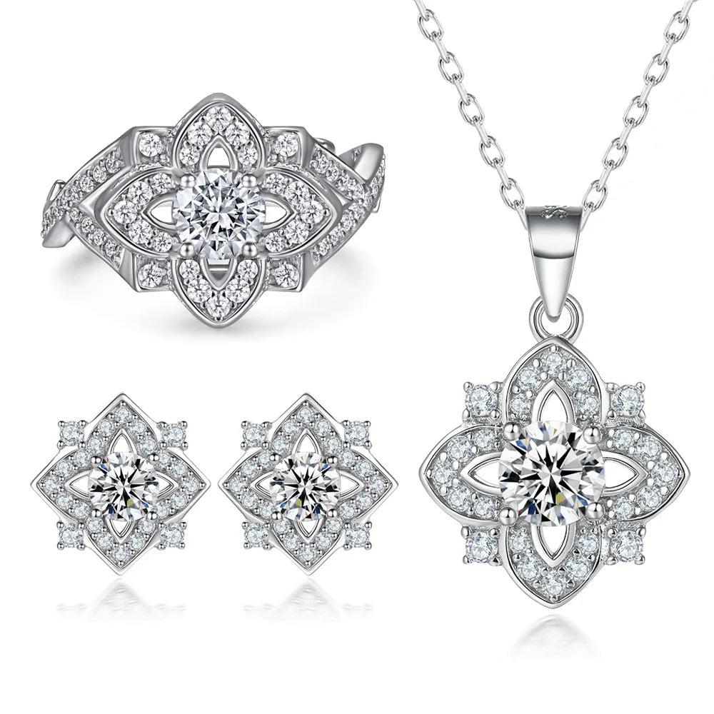 Trendy Silver Jewelry Rhodium Plated Flower Shaped Iced Out Tarnish Free Zirconia 925 Sterling Silver Jewelry Sets