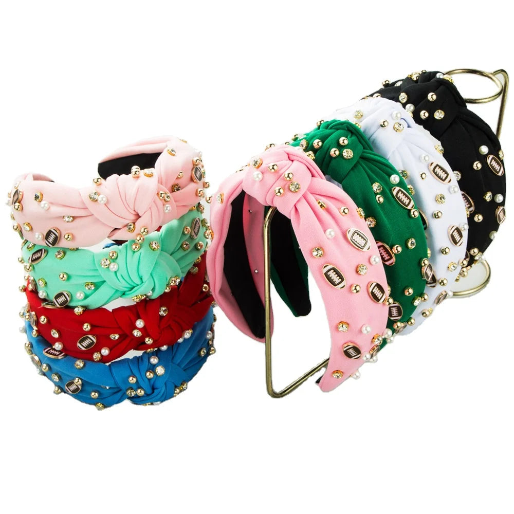Customized Luxury Knotted Gameday Women Fabric Handmade Seed Beaded Rugby Headband