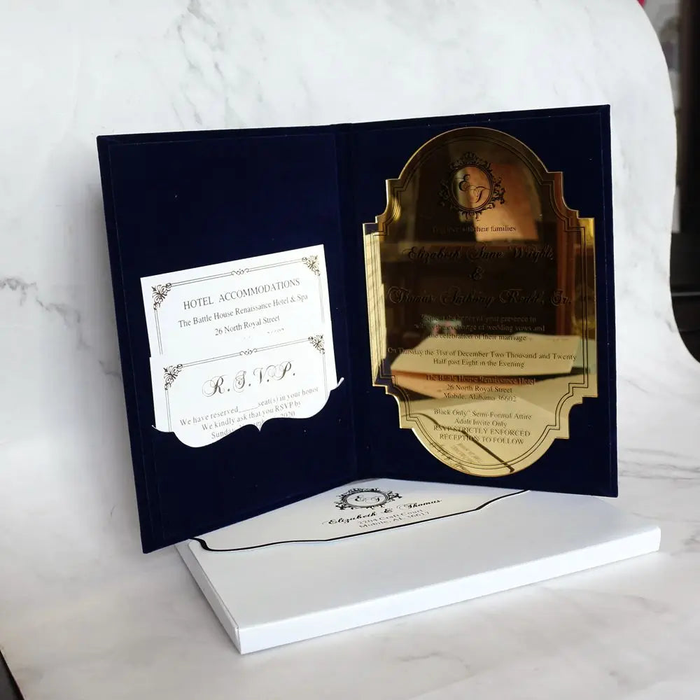 Luxury Custom Hardcover Velvet Booklet Wedding Invitation with Foil Gold Mirror Acrylic Envelope Navy Blue Dark Green Suede