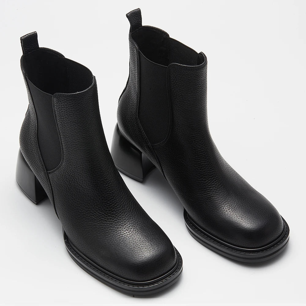 Handmade Custom Women's Chelsea Ankle Boots with Comfortable Lug Sole Chunky Heel Square Toe Leather Booties for Summer